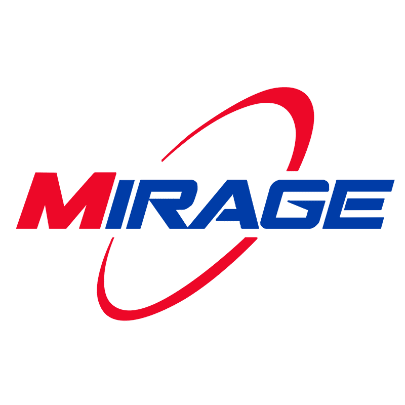 กล้องติดรถยนต์ โลโก้ Mirage สีแดงและน้ำเงินบนพื้นหลังสีดำ
